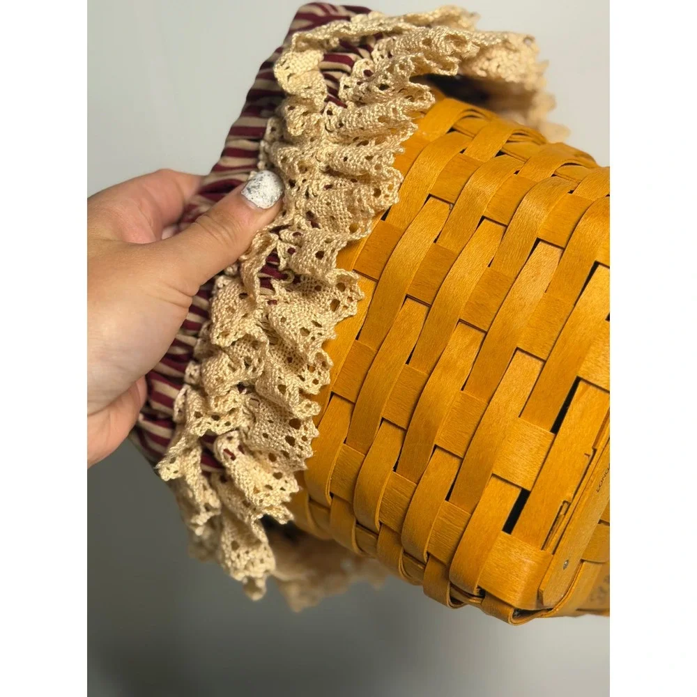 Longaberger Tissue Basket Brown Woven Wood Americana Patriotic Fabric Lace Cover